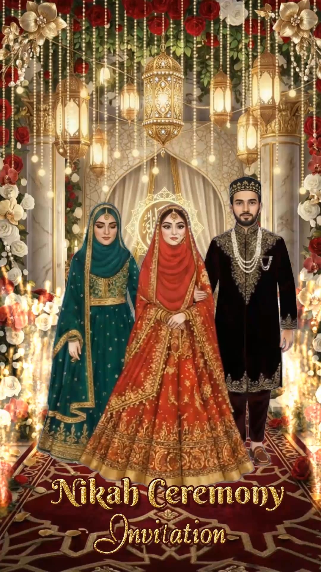 Opulent Royal Nikah Ceremony Invitation Video with Islamic Cartoon Couples and Reception