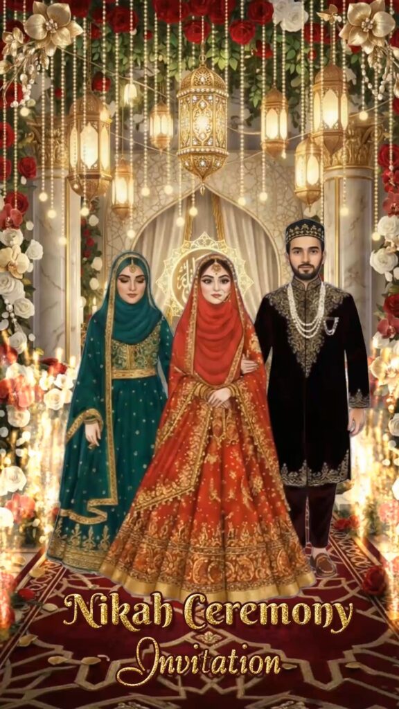 Opulent Royal Nikah Ceremony Invitation Video with Islamic Cartoon Couples and Reception