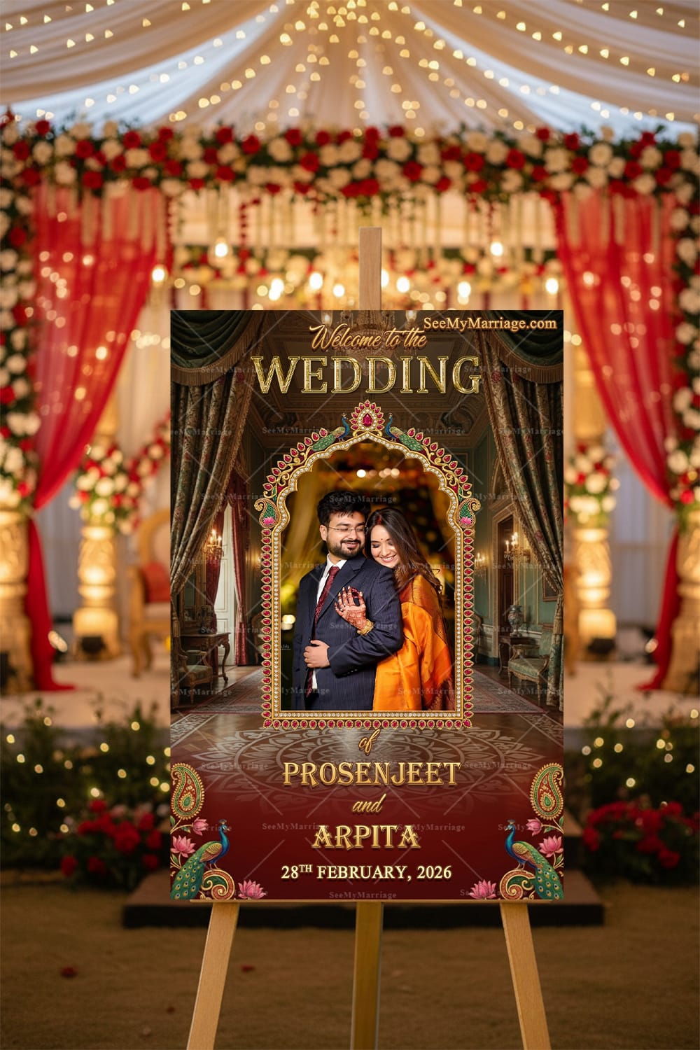 Palace Wedding Welcome Banner with Add Photo, Showcasing an Ornate Jewel-Studded Arch, Peacock Motifs and Luxurious Drapes
