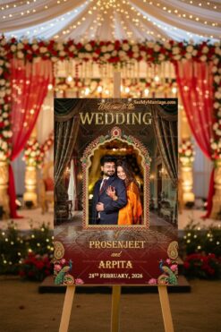 Palace Wedding Welcome Banner with Add Photo, Showcasing an Ornate Jewel-Studded Arch, Peacock Motifs and Luxurious Drapes