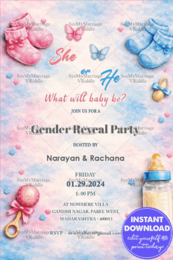 Pastel Gender Reveal Invitation with Baby Booties, Butterflies & Soft Watercolor Background