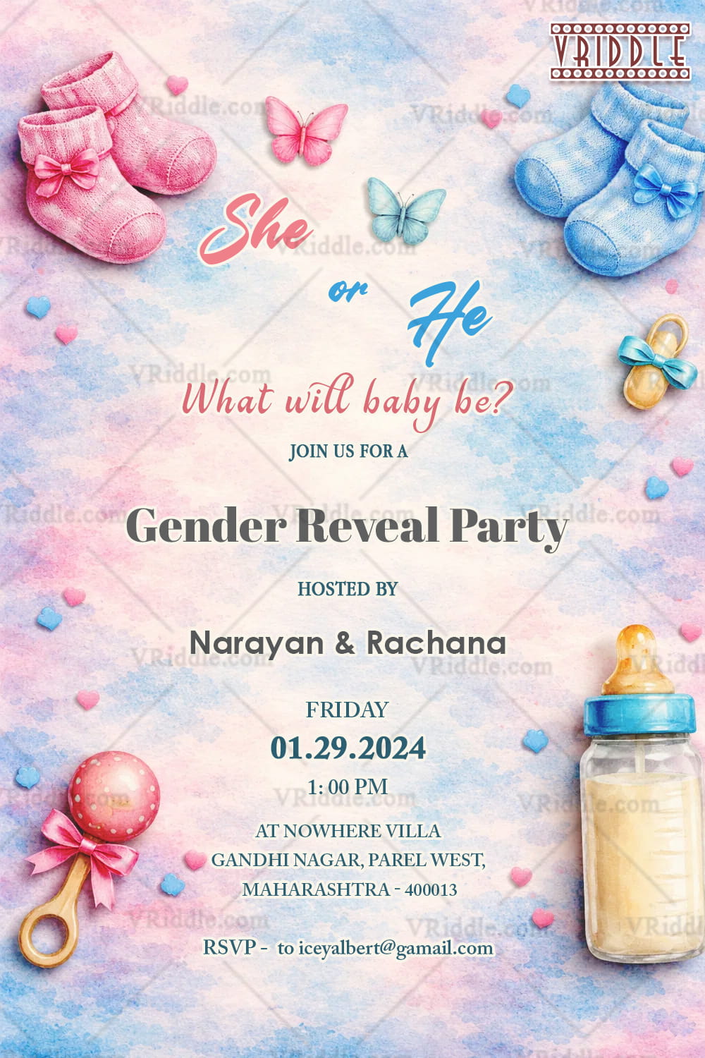 Pastel Gender Reveal Invitation with Baby Booties, Butterflies & Soft Watercolor Background