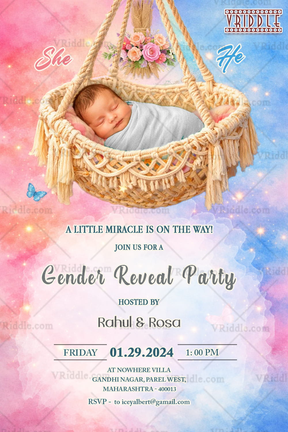 Pastel Gender Reveal Invitation with Hanging Cradle, Sleeping Baby & Pink-Blue Watercolor Sky