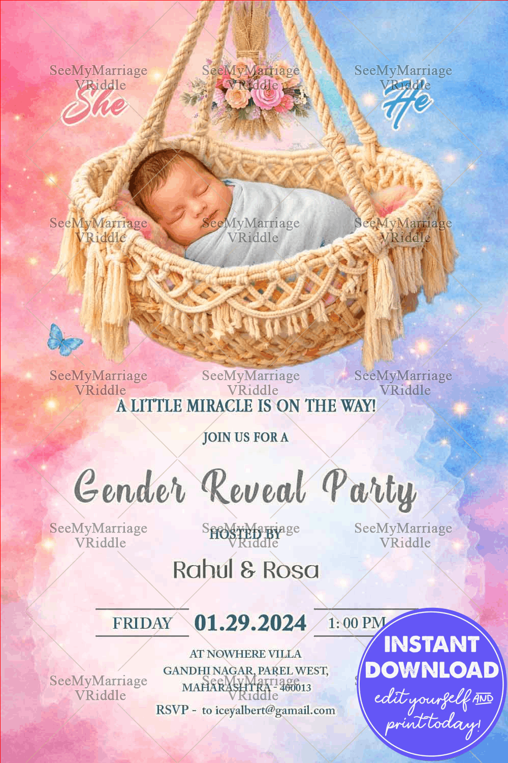 Pastel Gender Reveal Invitation with Hanging Cradle, Sleeping Baby & Pink-Blue Watercolor Sky