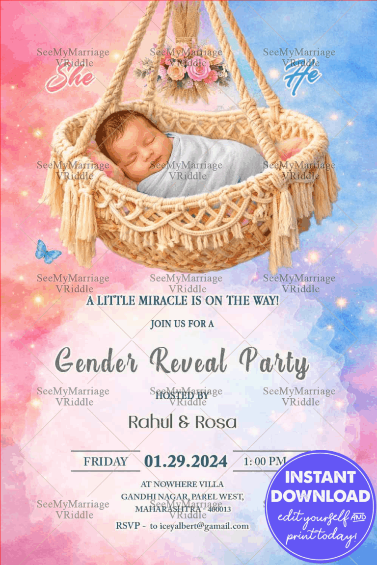 Pastel Gender Reveal Invitation with Hanging Cradle, Sleeping Baby & Pink-Blue Watercolor Sky