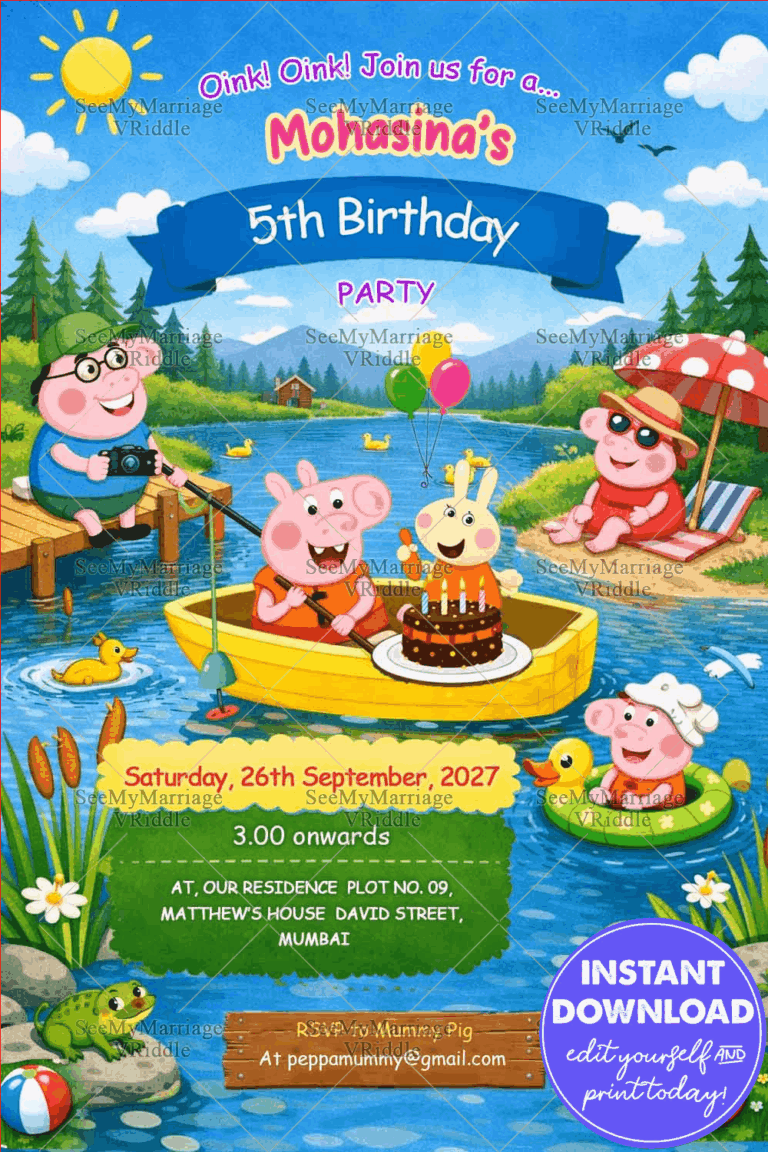 Peppa Pig Lake Adventure Birthday Invitation with Boat Party, Balloons, Ducks & Nature Fun