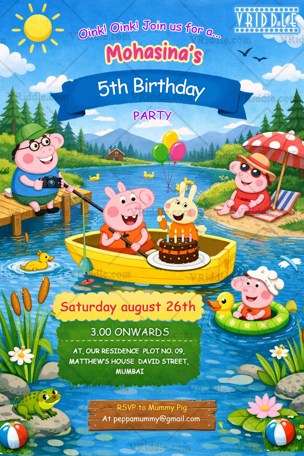 Peppa Pig Lake Adventure Birthday Invitation with Boat Party, Balloons, Ducks & Nature Fun