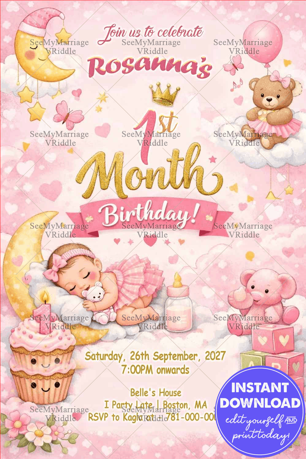 Pink Moon 1st Monthly Birthday Invitation with Girl Sleeping Baby, Teddy, Stars & Cloudy Dreams Theme