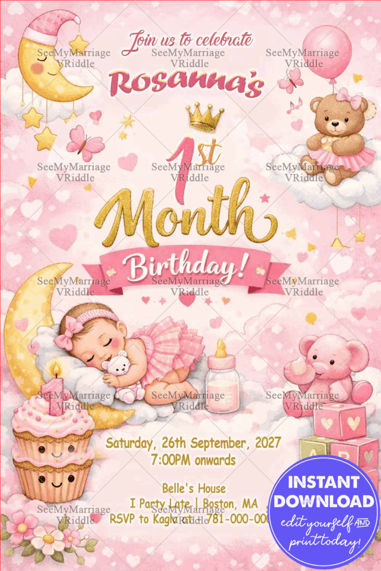 Pink Moon 1st Monthly Birthday Invitation with Girl Sleeping Baby, Teddy, Stars & Cloudy Dreams Theme