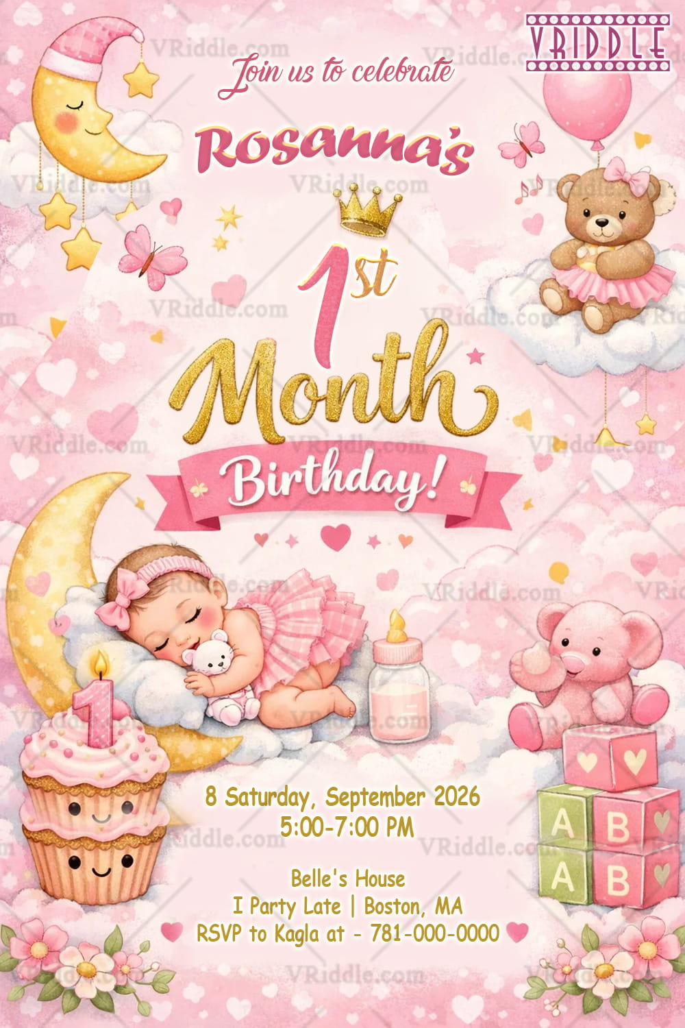 Pink Moon 1st Monthly Birthday Invitation with Girl Sleeping Baby, Teddy, Stars & Cloudy Dreams Theme