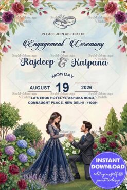 Proposal Illustration Engagement Invitation with Garden, Floral Borders and Pastel Blue Theme