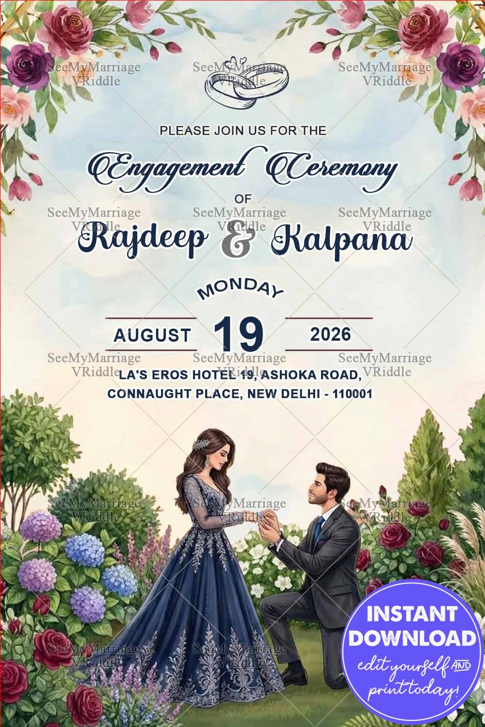Proposal Illustration Engagement Invitation with Garden, Floral Borders and  Pastel Blue Theme  SeeMyMarriage
