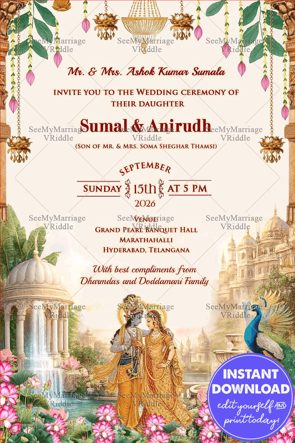 Radha–Krishna Inspired Wedding Invitation with Temple Architecture, Lotus Garden & Hanging Diyas