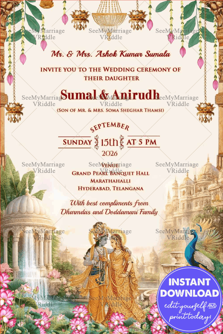 Radha–Krishna Inspired Wedding Invitation with Temple Architecture, Lotus Garden & Hanging Diyas