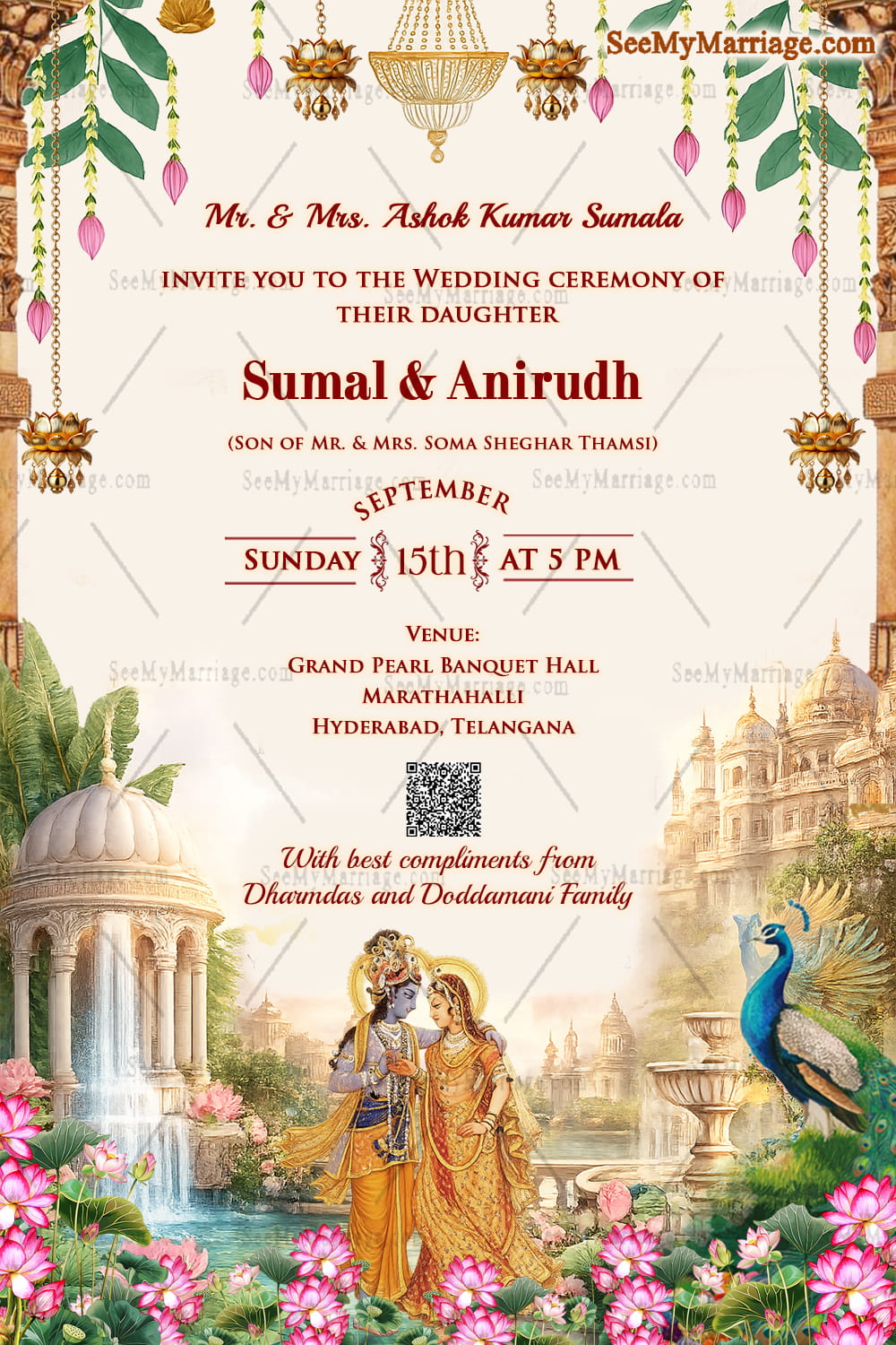 Radha–Krishna Inspired Wedding Invitation with Temple Architecture, Lotus Garden & Hanging Diyas