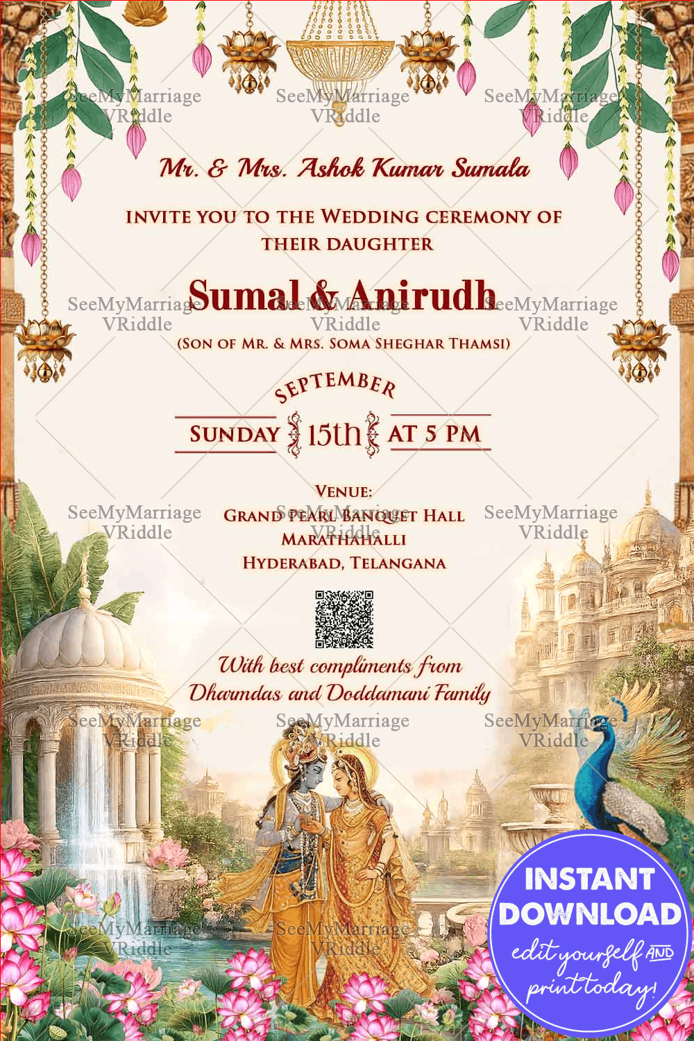 Radha–Krishna Inspired Wedding Invitation with Temple Architecture, Lotus Garden & Hanging Diyas