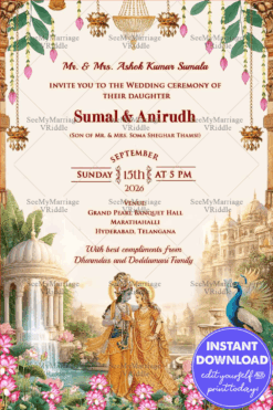 Radha–Krishna Inspired Wedding Invitation with Temple Architecture, Lotus Garden & Hanging Diyas