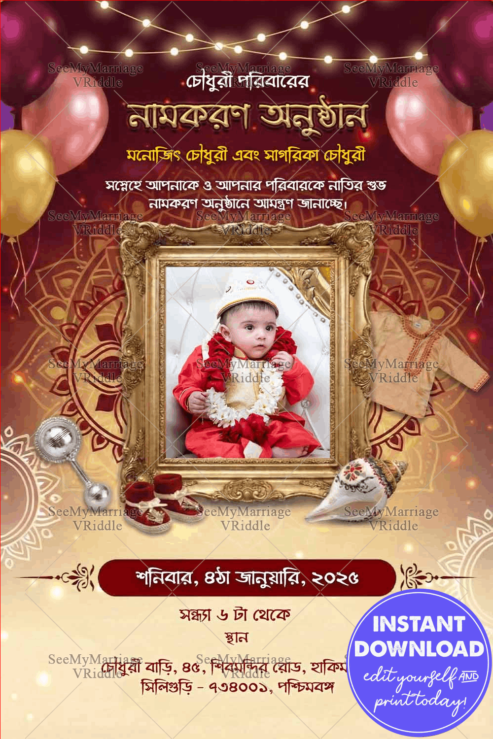 Red-Gold Bengali Namkaran Invitation with Add Photo and Celebration Decor
