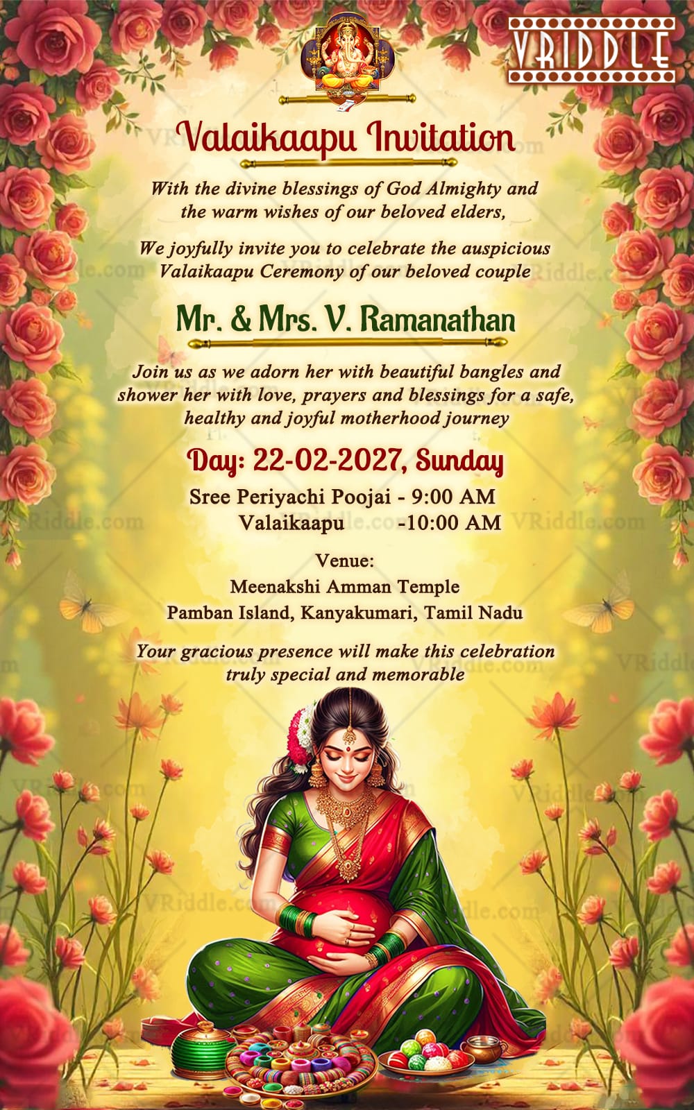 Tamil ValaiKaapu Invitation Card with Rose-Lined Garden Border and a Serene South Indian Motherhood Illustration