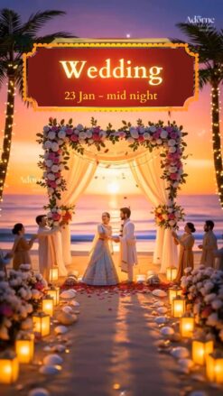 Romantic Beachside Wedding Invitation Video with Cartoon Couple and Ganesh Pujan, Mehndi, Sangeet, Haldi, Baarat