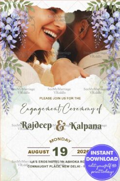 Romantic Engagement Invitation with Photo Reveal Design, Lavender Florals & Soft Watercolour Green Theme