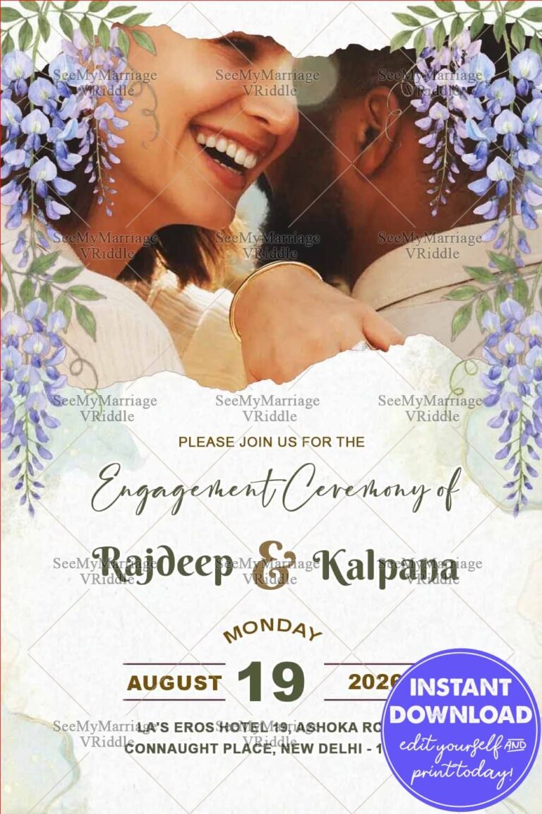 Romantic Engagement Invitation with Photo Reveal Design, Lavender Florals & Soft Watercolour Green Theme