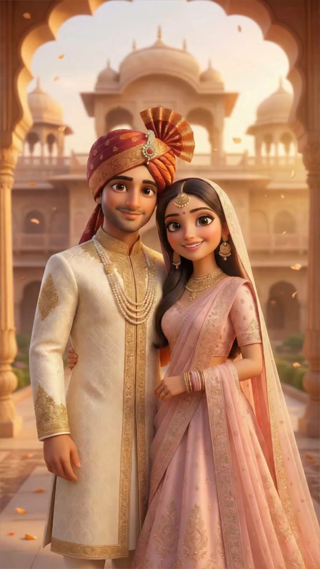 Royal Indian Wedding Invitation Video with Couple in Soft Pastel Attire, Palace Courtyard Backdrop, Golden Light & Timeless Regal Elegance