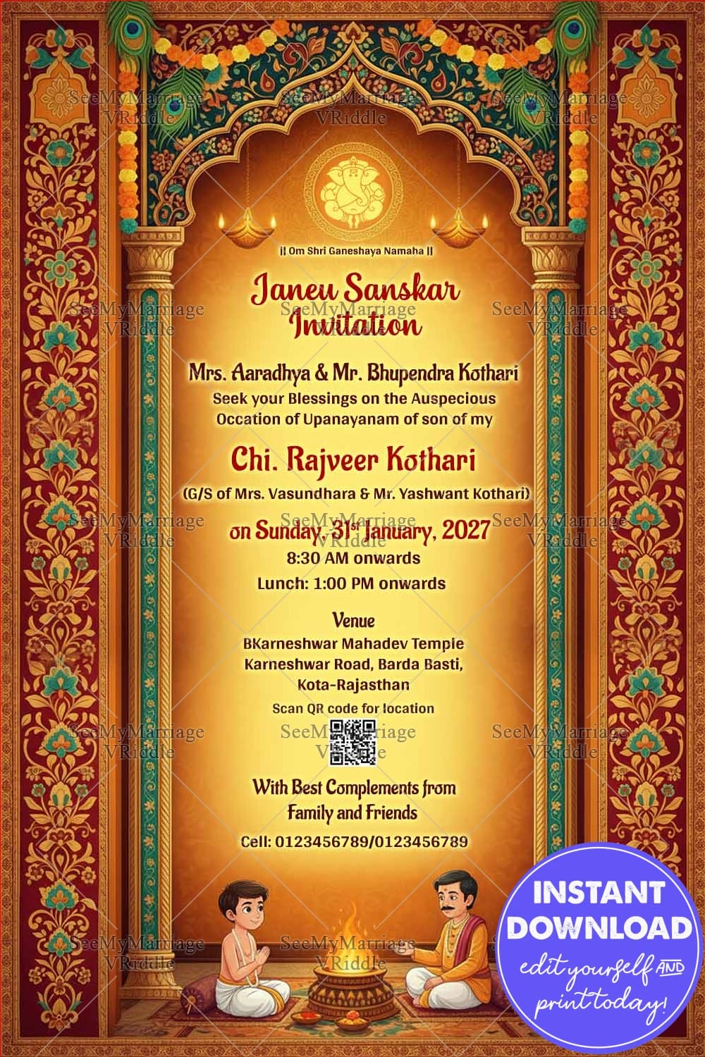 Royal Jain–Hindu Janeu Sanskar Invitation with Grand Temple-Style Arch, Ornate Floral Borders and Sacred Homa Ceremony Illustration