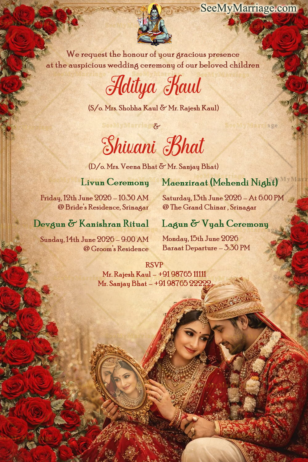 Royal Kashmiri Wedding Invitation with Rose Garland Borders, Lord Shiva Blessings & Regal Couple Portrait