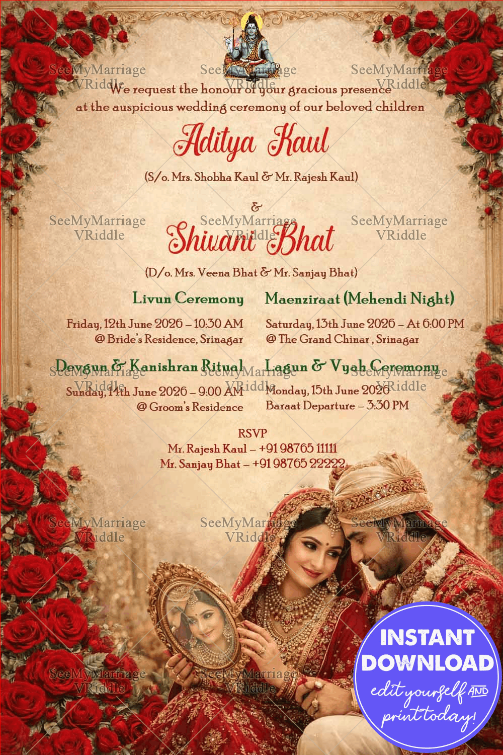Royal Kashmiri Wedding Invitation with Rose Garland Borders, Lord Shiva Blessings & Regal Couple Portrait