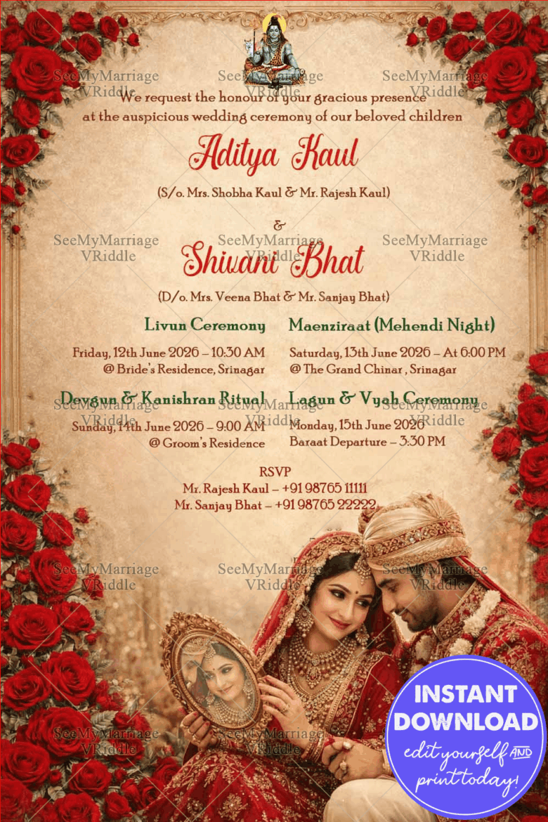 Royal Kashmiri Wedding Invitation with Rose Garland Borders, Lord Shiva Blessings & Regal Couple Portrait