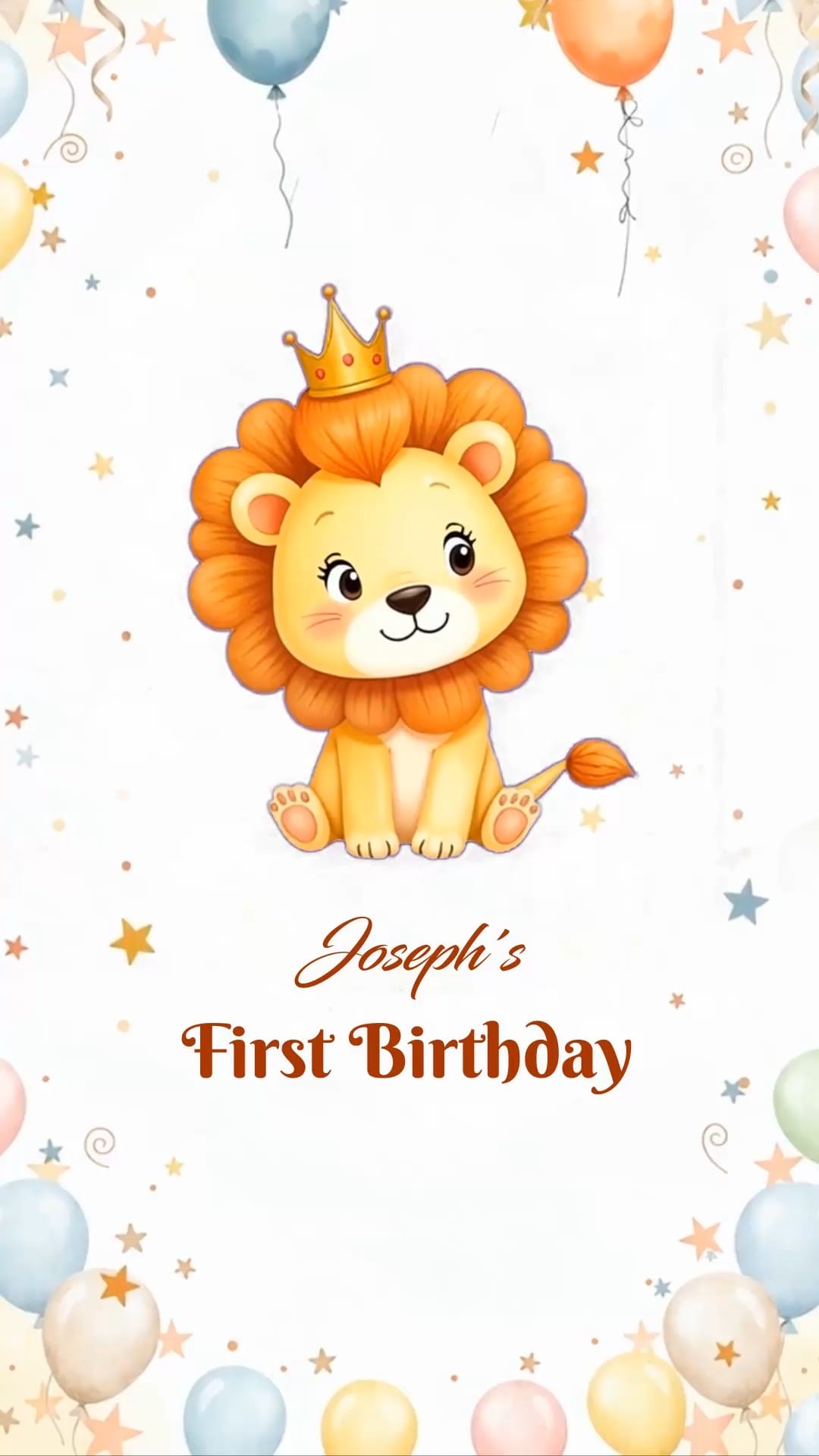 Royal Lion-Themed First Birthday Invitation Video with a Cute Crowned Baby Lion, Soft Pastel Balloons and Whimsical Stars