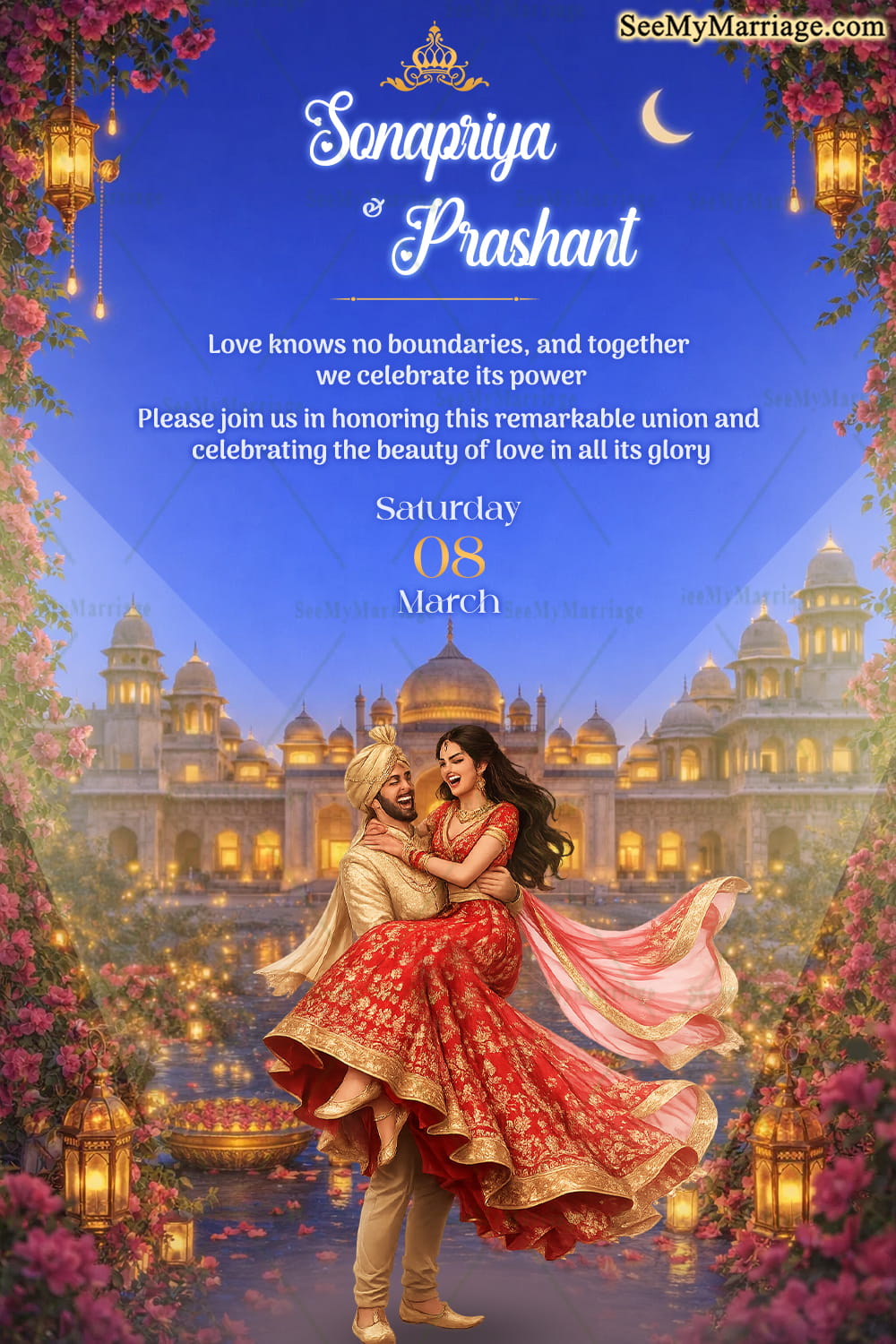 Royal Moonlit Wedding Invitation with Palace Backdrop, Floral Arches & Romantic Dance Silhouette