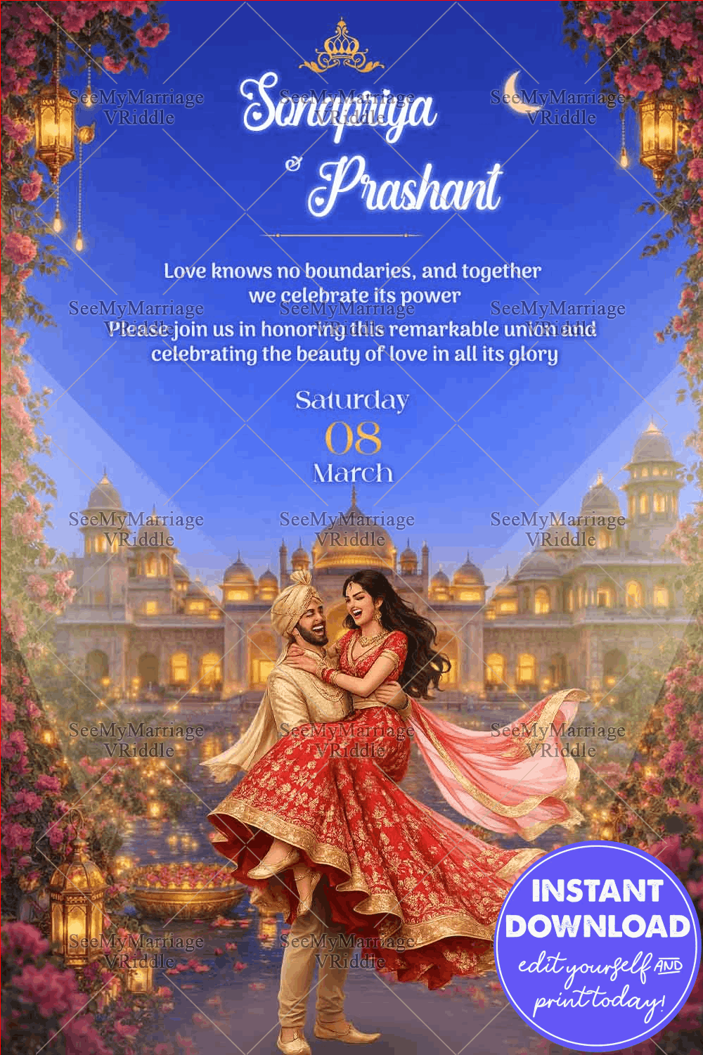 Royal Moonlit Wedding Invitation with Palace Backdrop, Floral Arches & Romantic Dance Silhouette