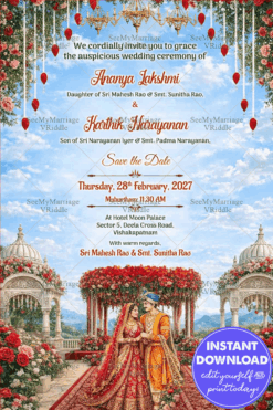 Royal Mughal Garden Wedding Invitation with Floral Mandap, Chandeliers & Sky-Blue Grandeur