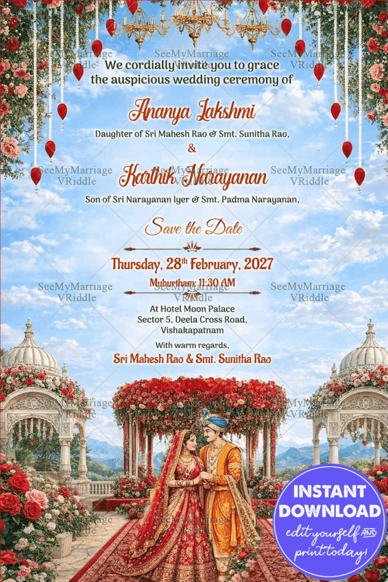 Royal Mughal Garden Wedding Invitation with Floral Mandap, Chandeliers & Sky-Blue Grandeur