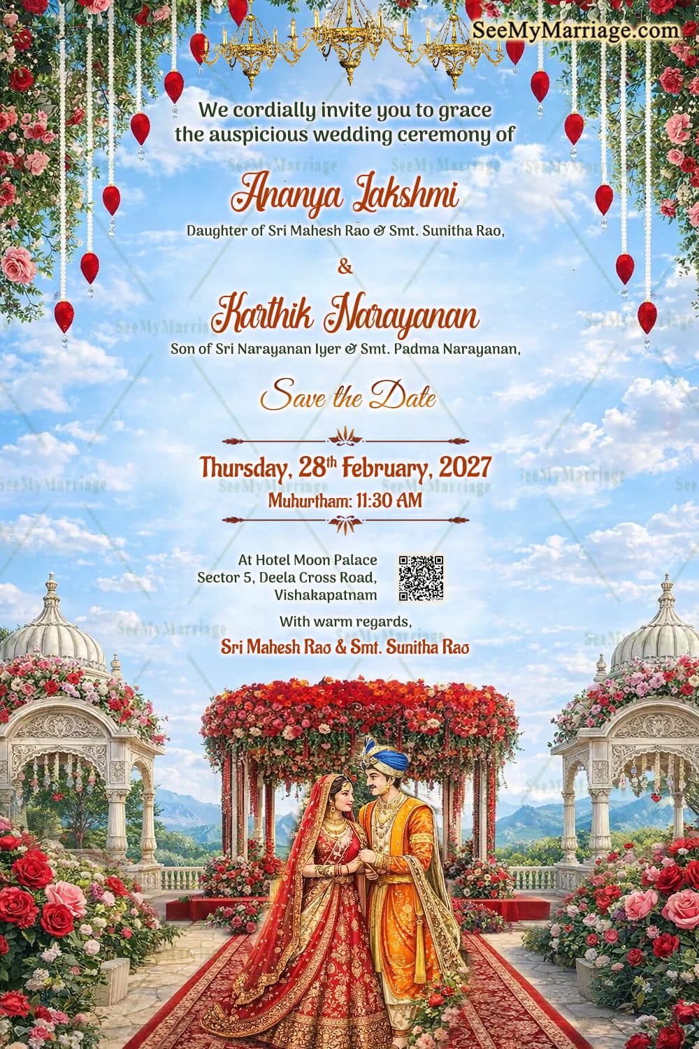 Royal Mughal Garden Wedding Invitation with Floral Mandap, Chandeliers & Sky-Blue Grandeur