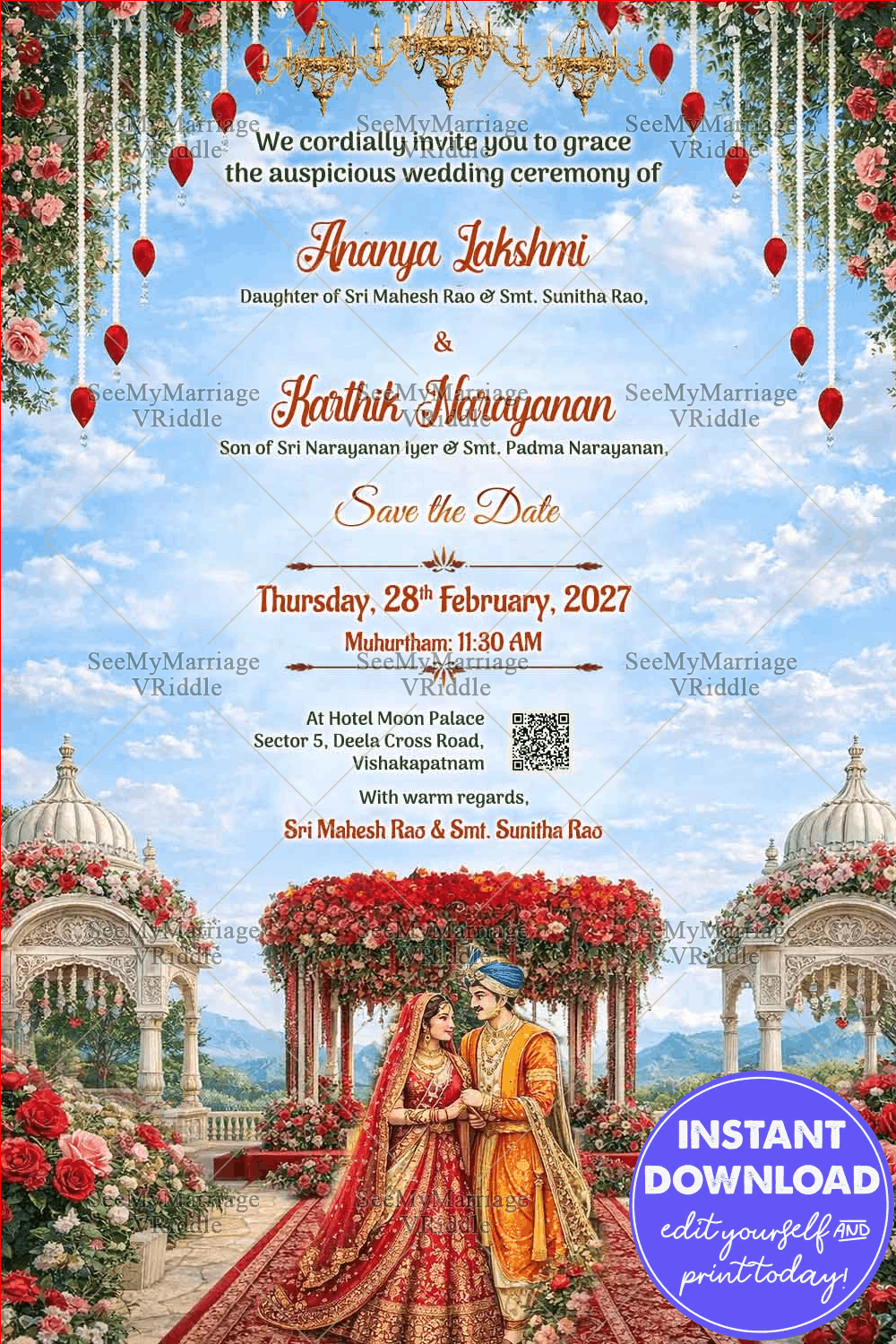 Royal Mughal Garden Wedding Invitation with Floral Mandap, Chandeliers & Sky-Blue Grandeur