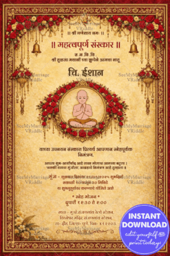 Royal Munj Sanskar Invitation with Floral Frame, Sacred Bells & Meditative Child Illustration