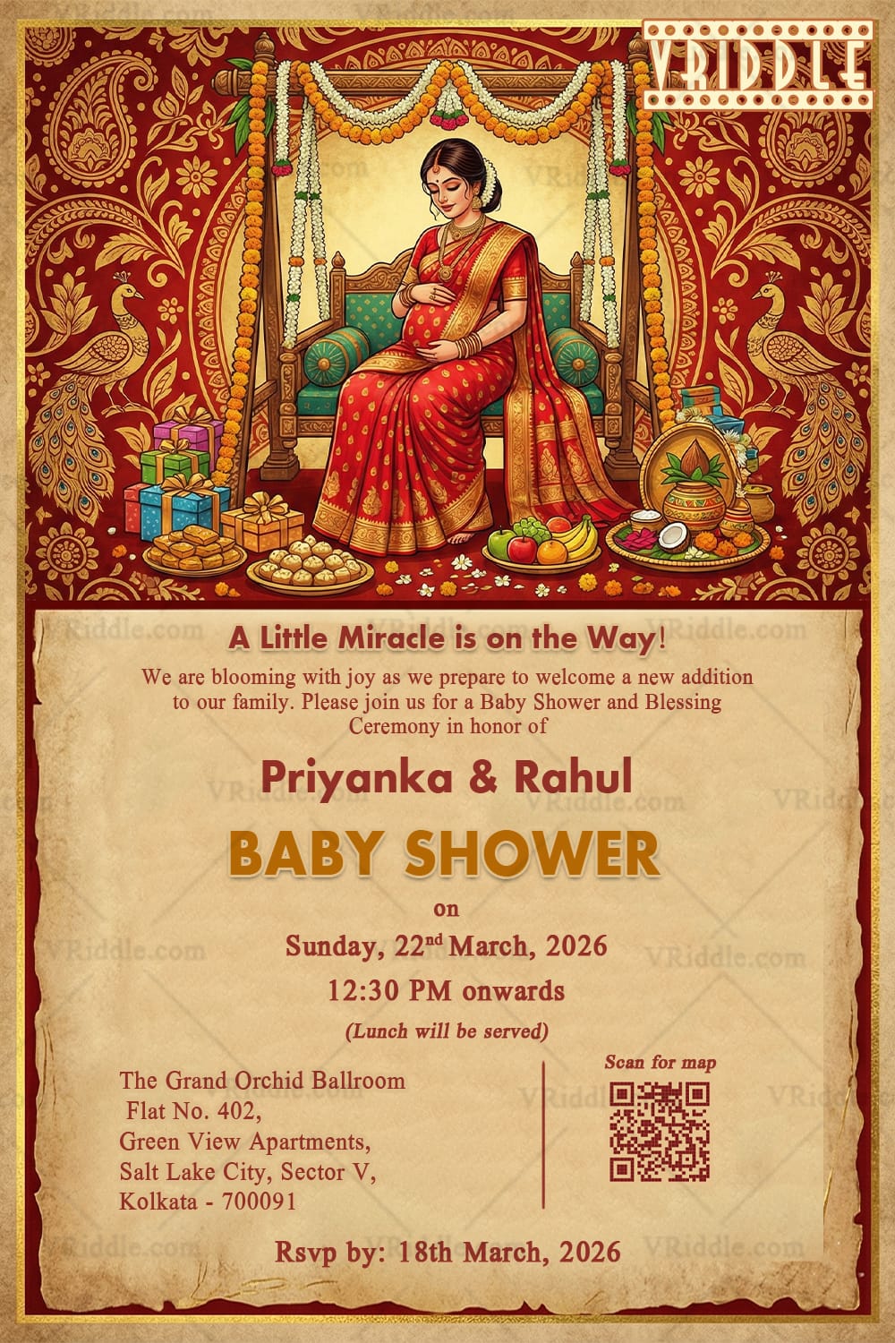 Royal Red Bengali Shad Invitation with Graceful Mom-to-Be on Ornate Swing, Peacock Motifs and Marigold Garlands