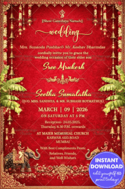 Royal Red Wedding Invitation with Golden Bells, Banana Leaves & Majestic Elephant Motifs