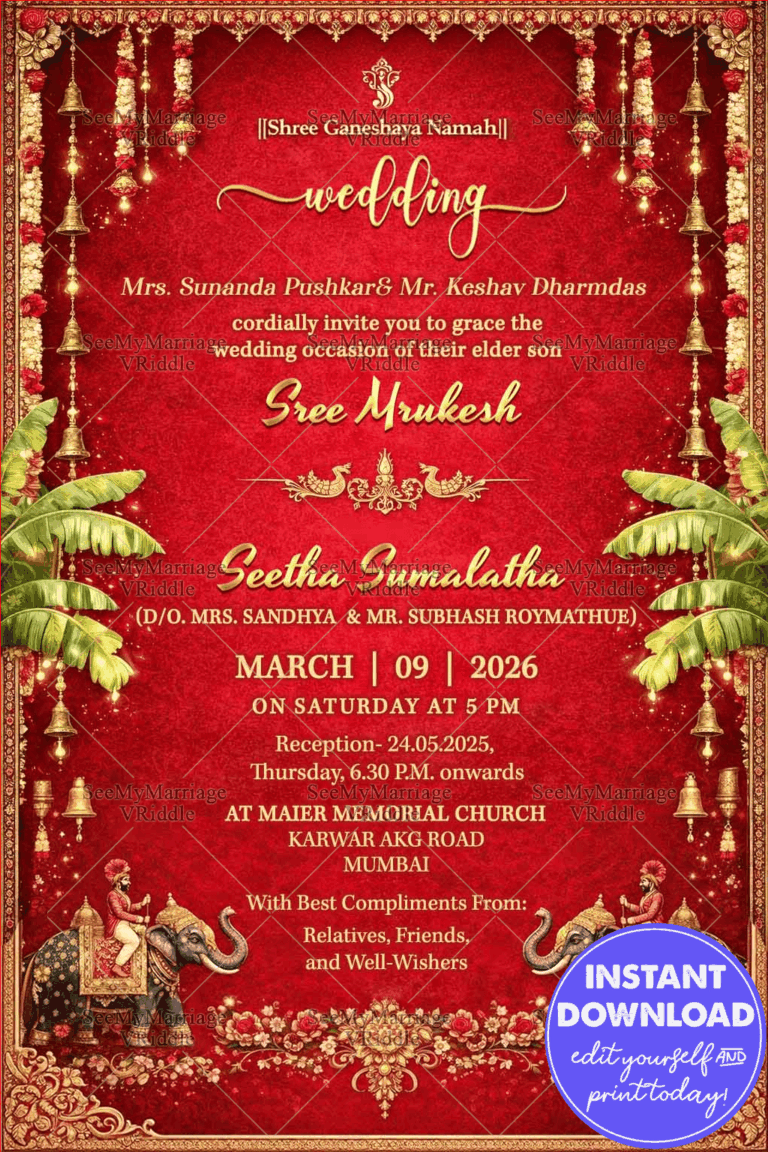 Royal Red Wedding Invitation with Golden Bells, Banana Leaves & Majestic Elephant Motifs