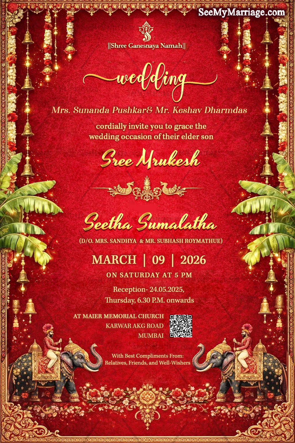 Royal Red Wedding Invitation with Golden Bells, Banana Leaves & Majestic Elephant Motifsa