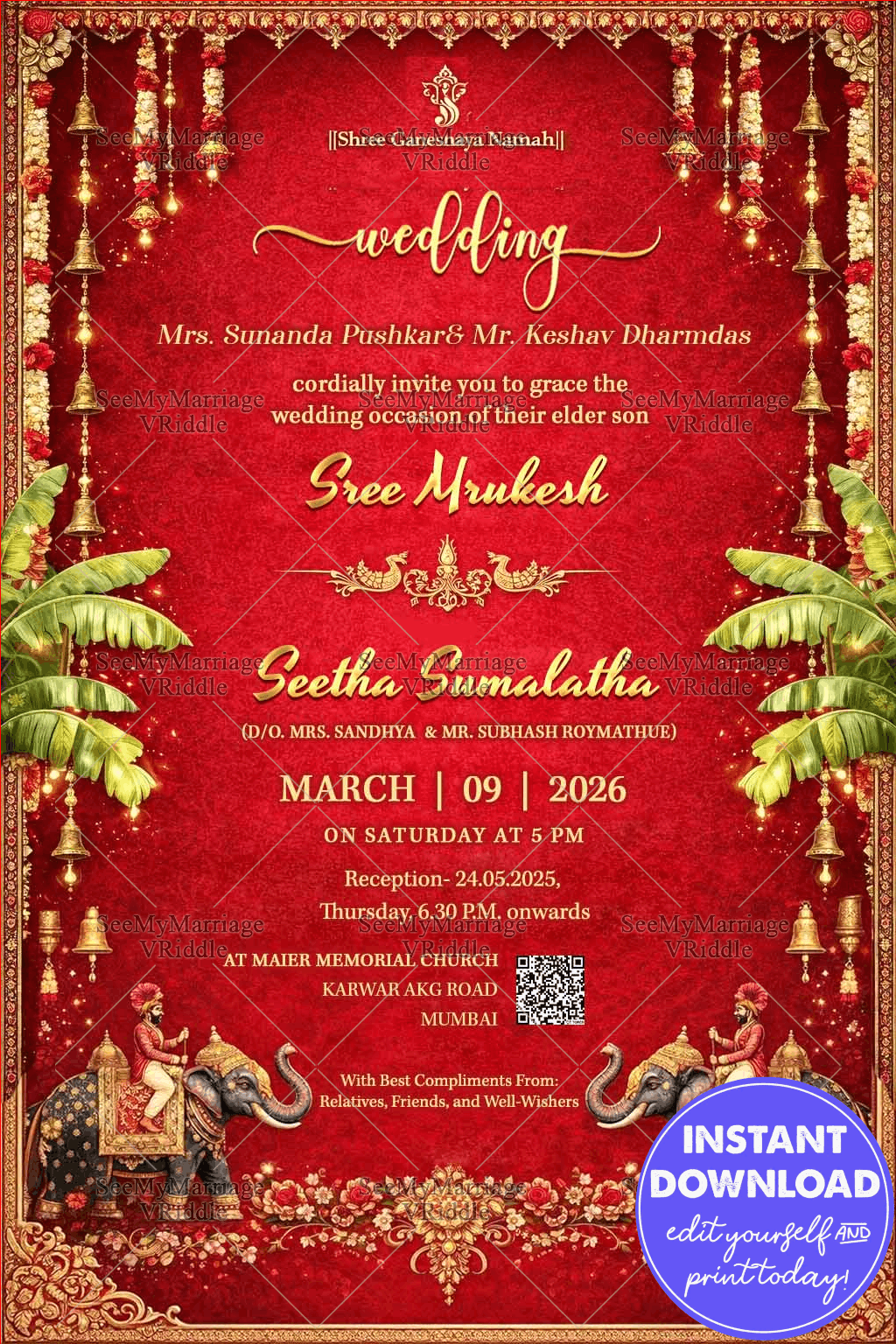 Royal Red Wedding Invitation with Golden Bells, Banana Leaves & Majestic Elephant Motifsa