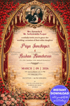 Royal Rose Wedding Invitation with Add Photo Option, Grand Floral Arch, Red Velvet Drapes Highlight