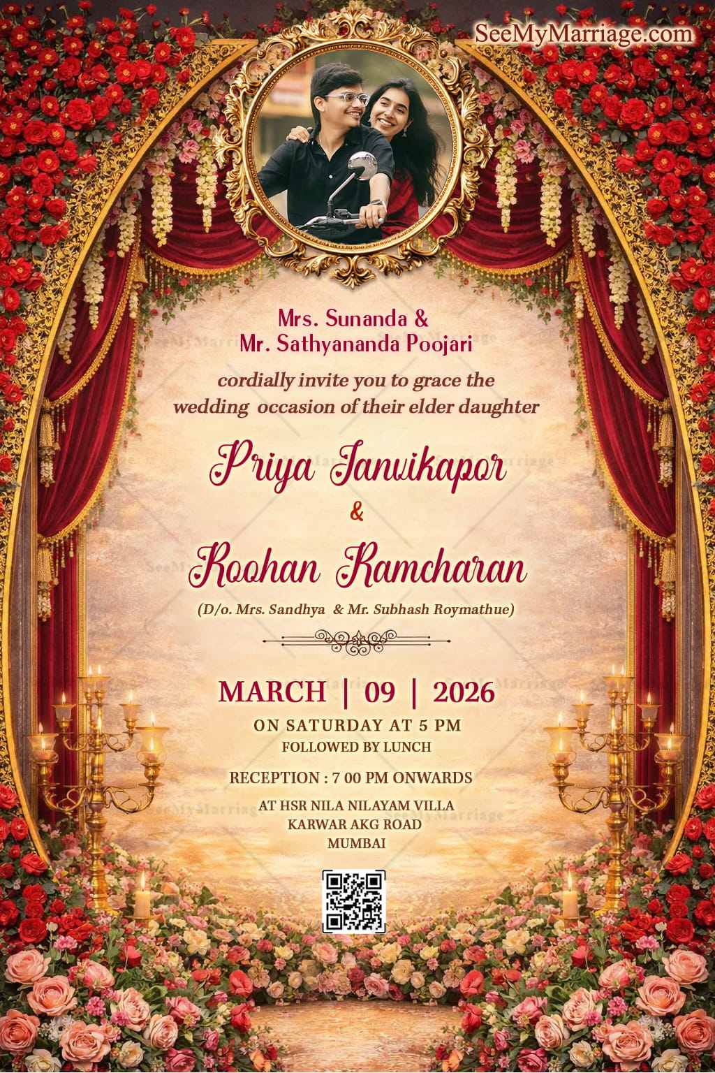 Royal Rose Wedding Invitation with Add Photo Option, Grand Floral Arch, Red Velvet Drapes Highlight