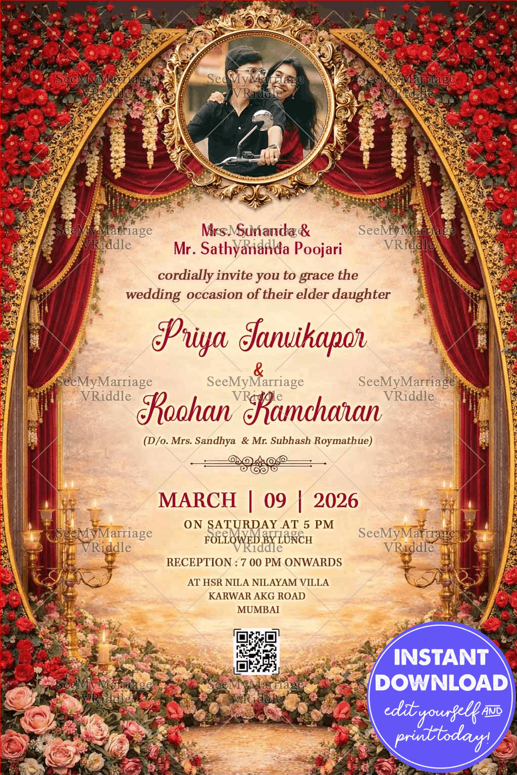 Royal Rose Wedding Invitation with Add Photo Option, Grand Floral Arch, Red Velvet Drapes Highlight