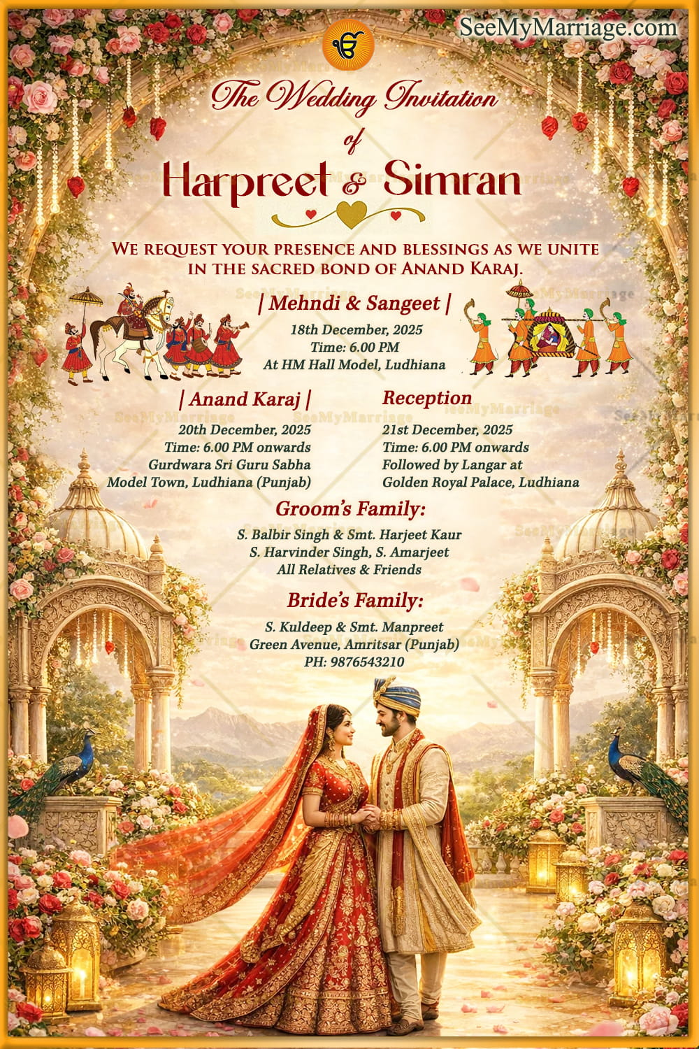 Royal Sikh Wedding Invitation with Floral Archway, Punjabi Folk Procession & Regal Palace Garden Theme