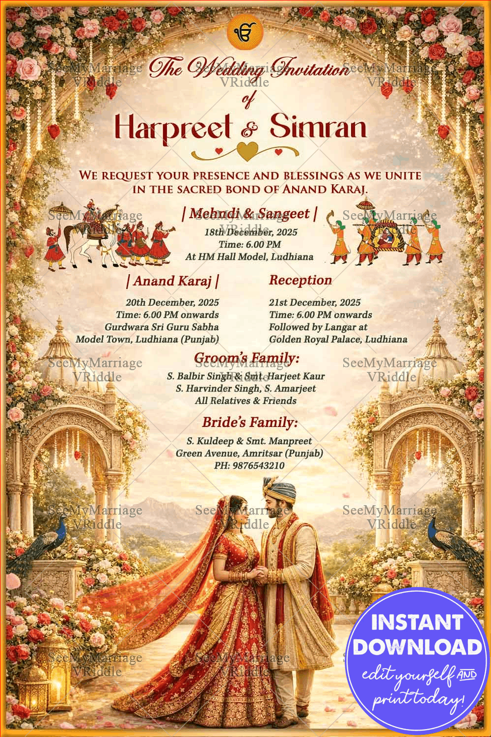 Royal Sikh Wedding Invitation with Floral Archway, Punjabi Folk Procession & Regal Palace Garden Theme