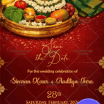 Save the Date Card with Auspicious Kalash, Fruits Platter & Rich Red-Gold Wedding Theme